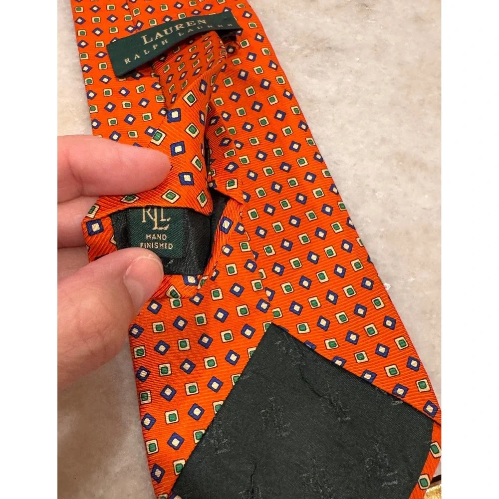 Lauren Ralph Lauren Mens Orange Geometric Silk Tie Hand Finished Made in USA